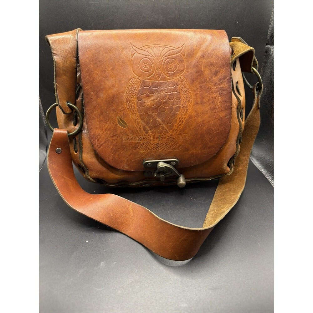 VINTAGE BROWN GENUINE Owl Etched Cowhide LEATHER Purse Handcrafted Handbag